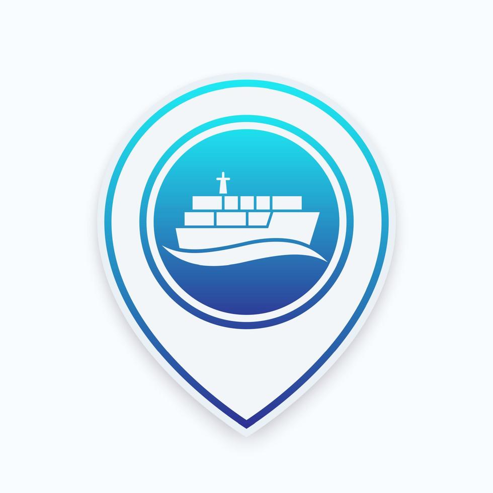 container ship, maritime transport icon on map pointer, vector illustration