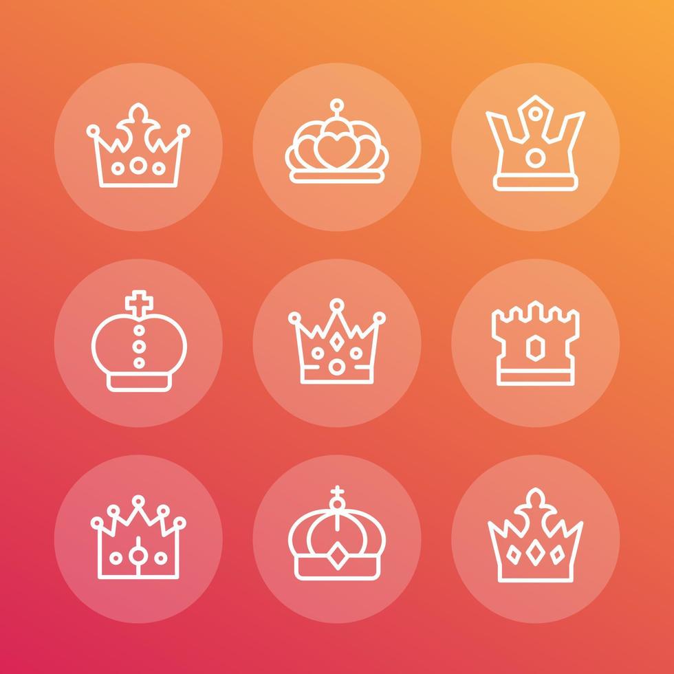 crowns line icons set, royalty, king, monarch, sovereign, tzar, queen, princess coronet vector