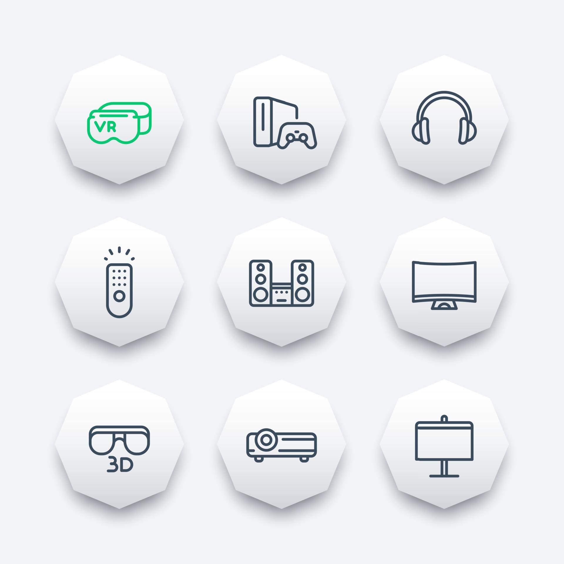 home entertainment system line icons set, virtual reality glasses