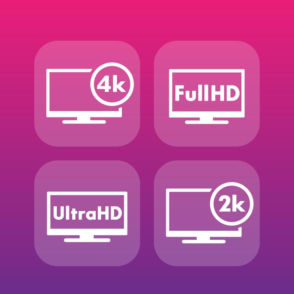 High Definition icons, Full HD, Ultra HD, 2k, 4k video vector