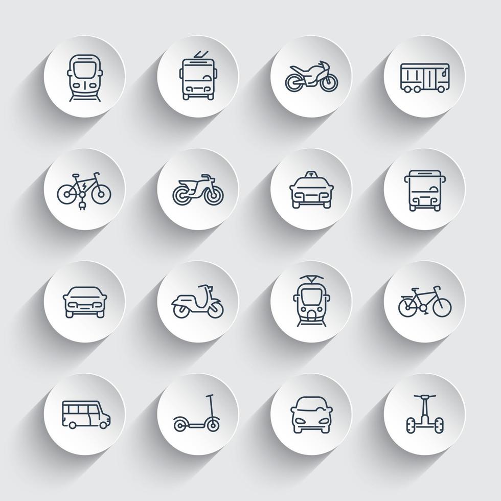 conjunto de iconos de transporte de la ciudad, taxi, autobús, tren, metro, coches, bicicletas, scooters vector