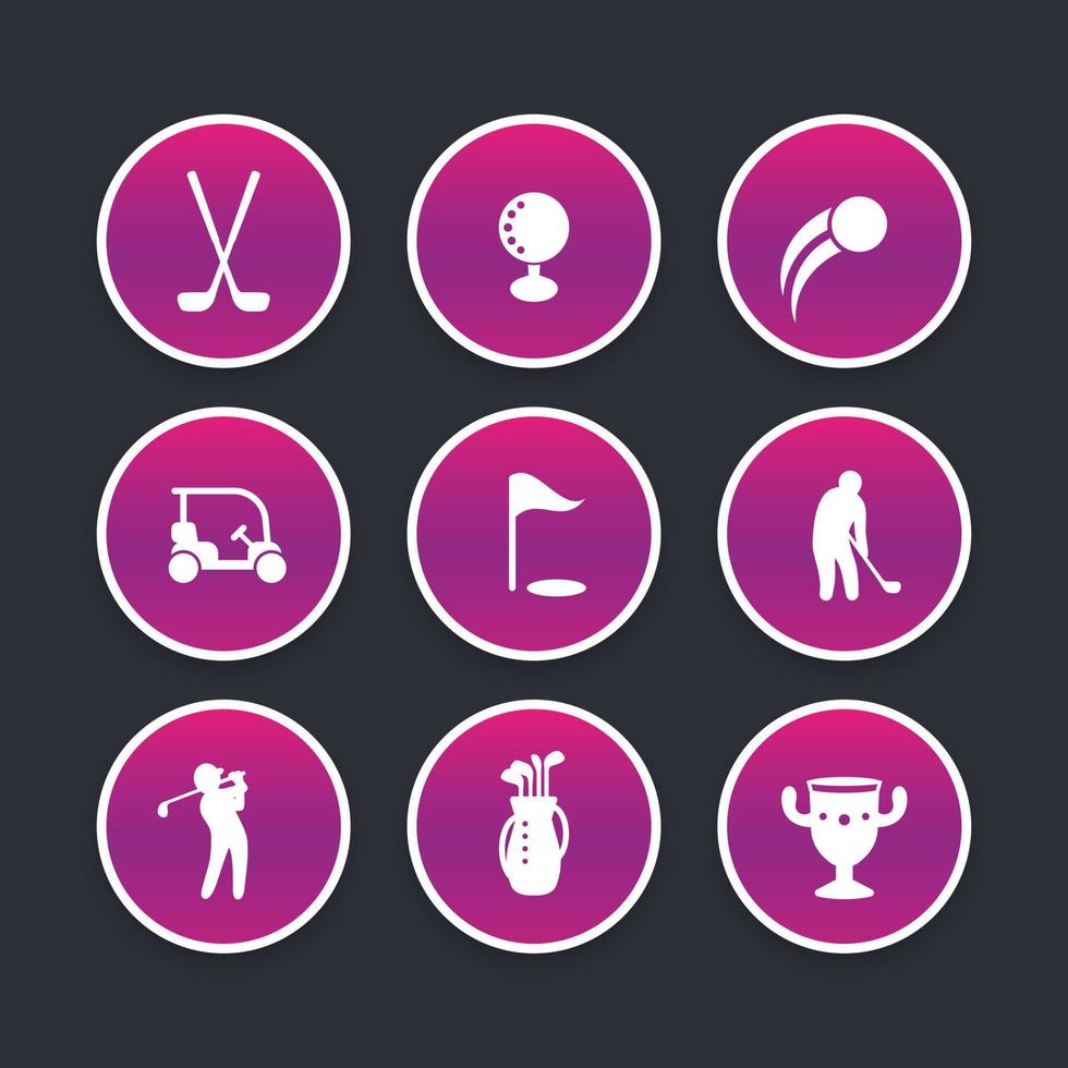 conjunto de iconos de golf, clubes, jugador, golfista, bolsa de golf, pictogramas redondos de moda, ilustración vectorial vector