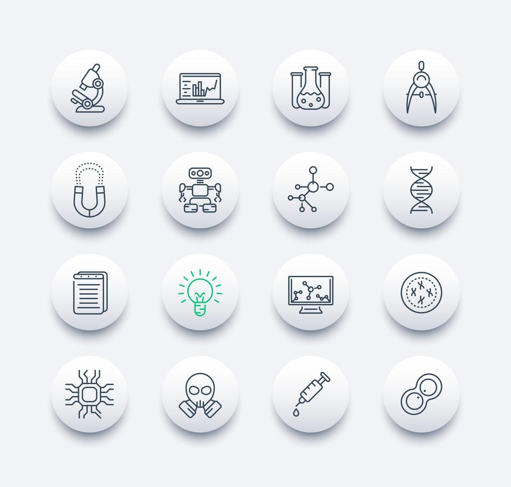 Science and research line icons set, study, laboratory, chemistry, physics, genetics, robotics, mechanical engineering, integrated vector