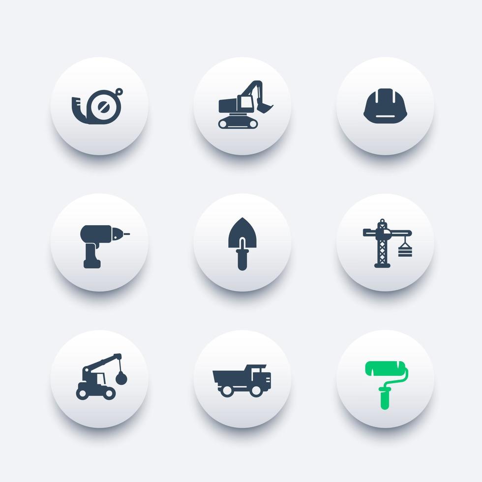 construction icons set, trowel, drill, paint roller, excavator, heavy truck, crane, tape measure, vector illustration