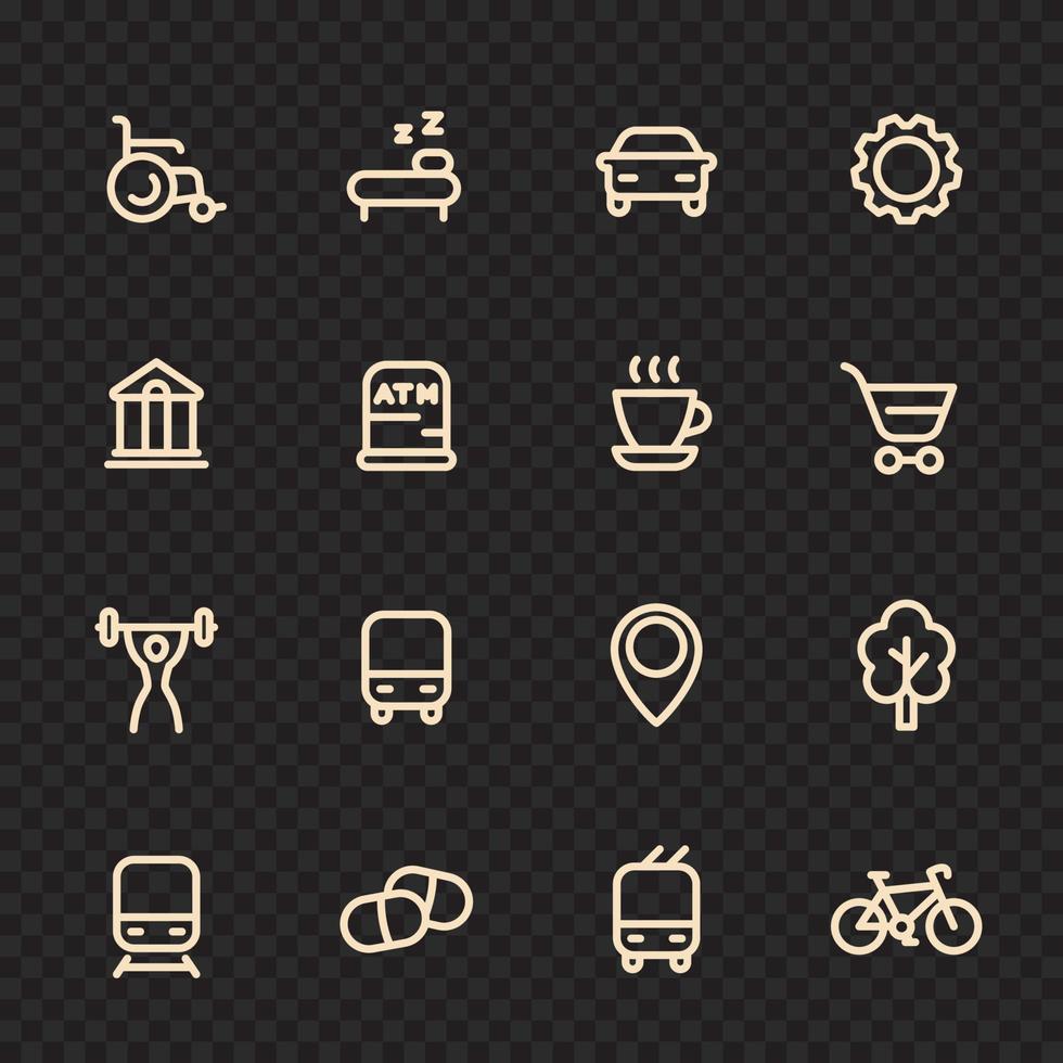 line icons set for map, pictograms, signs for navigation, gold on dark, vector illustration