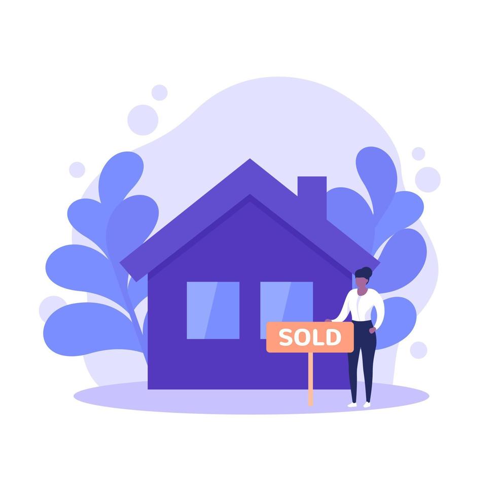 real estate agent with sold sign near a house, vector illustration