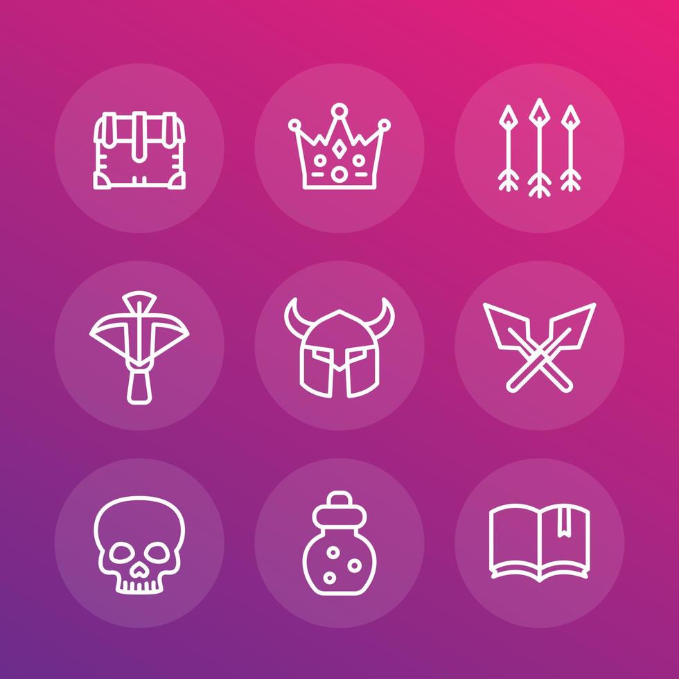 Game line icons set 2, RPG, crossbow, chest, arrows, crown, potion, medieval, dark magic, fantasy items, vector illustration