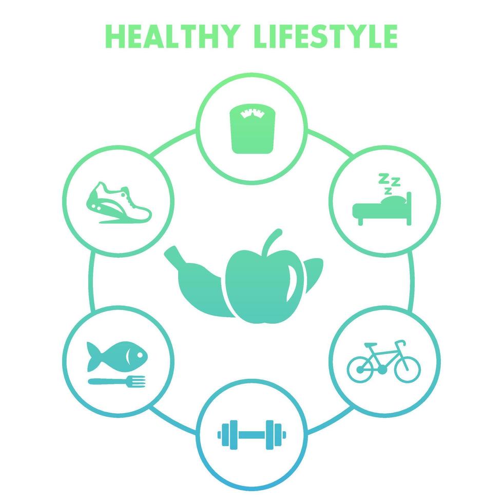 Healthy lifestyle icons on white, diet, recreation, fitness activity, jogging, healthy food, vector illustration