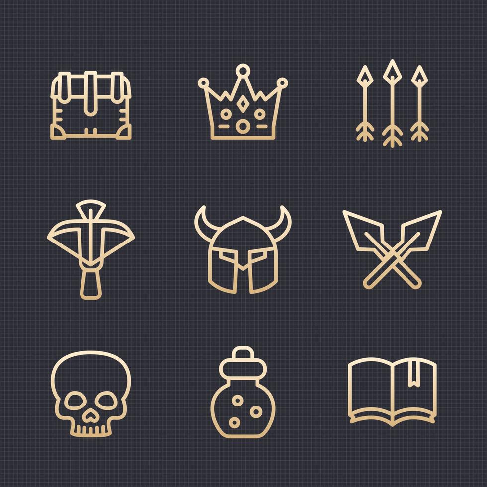 Game line icons set 2, RPG, crossbow, chest, arrows, potion, medieval, dark magic, fantasy items, gold on dark vector