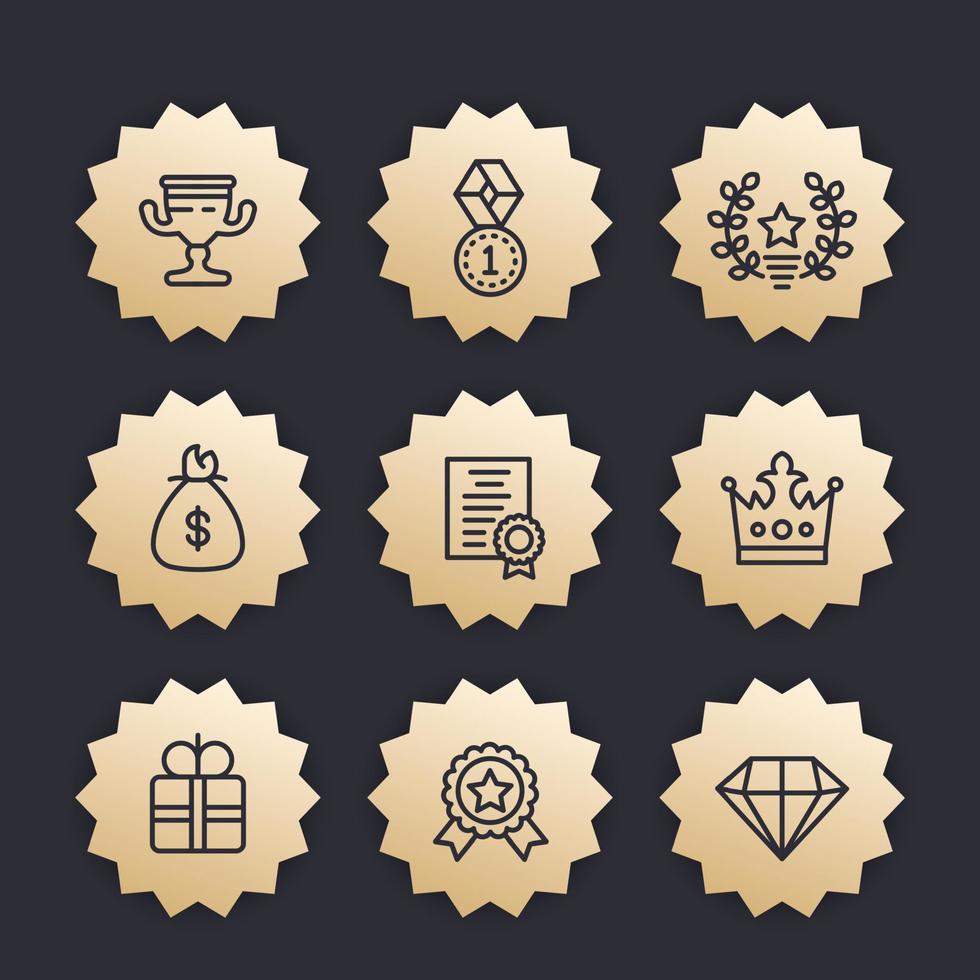 recompensas, premios, regalos iconos lineales en insignias de oro vector