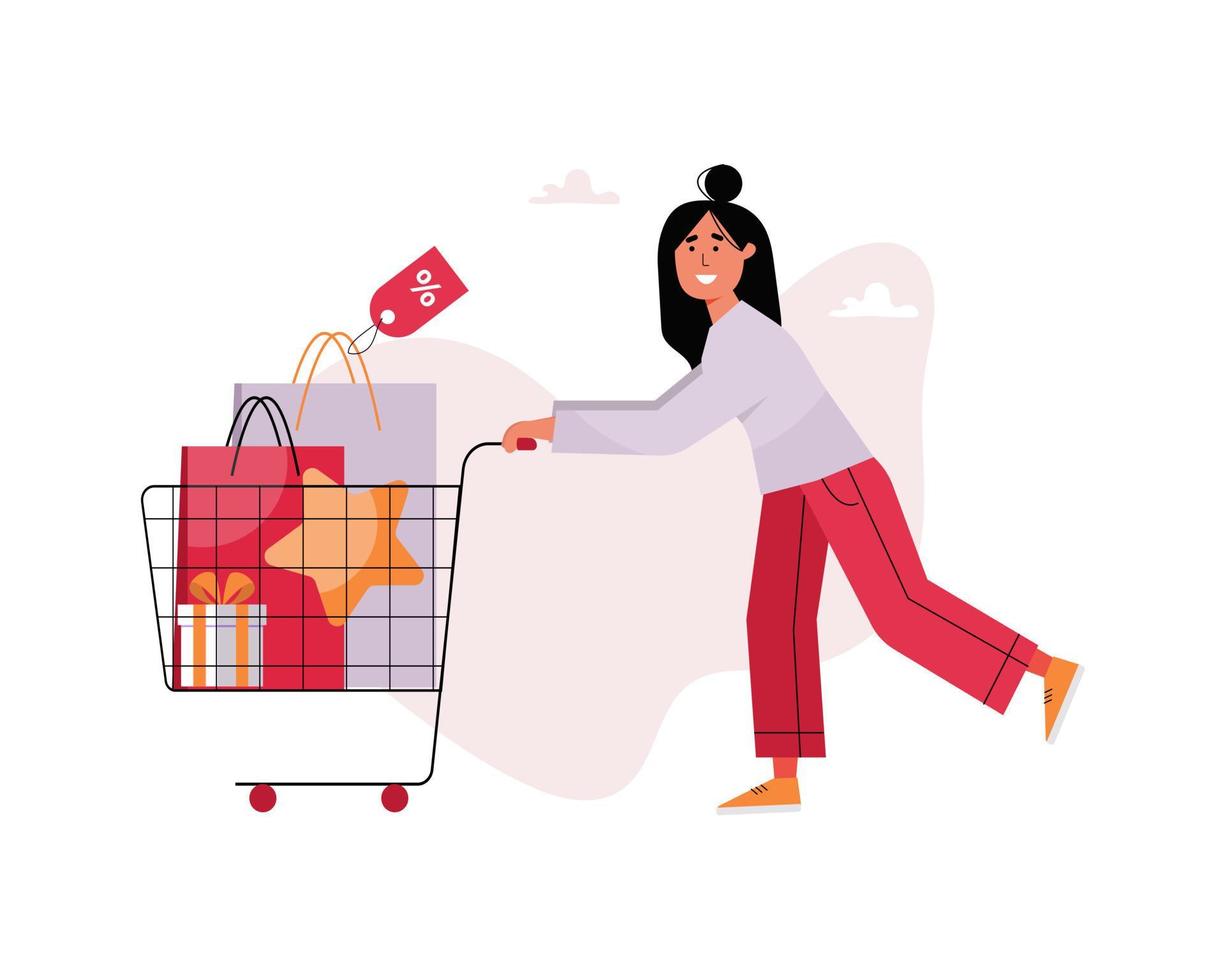 A woman is carrying a cart with purchases and gifts. Flat cartoon vector illustration.