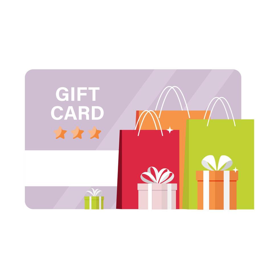 Gift card with present boxes and packs on white background. Gift card vector concept.