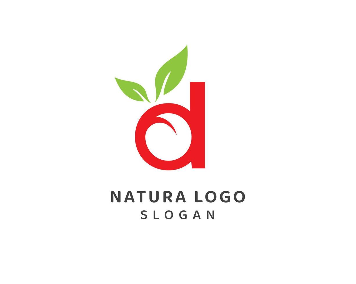 hoja natural abstracta, logotipo de letra d natural, diseño de vector de letra d minúscula