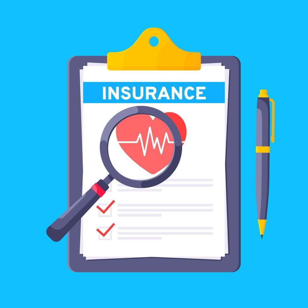 Clipboard with medical insurance claim form on it, paper sheets, pen isolated on blue background. vector