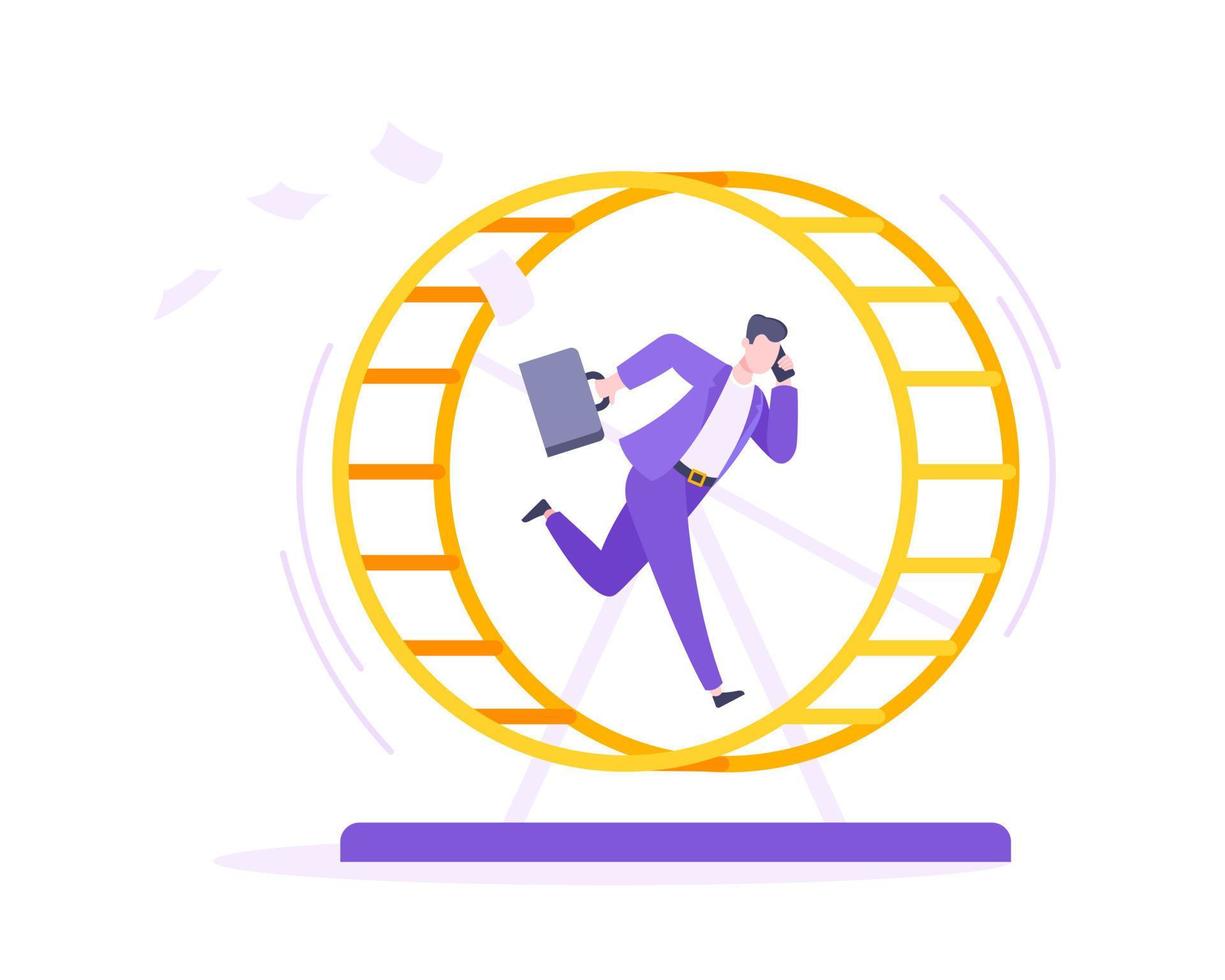 Rat race business concept with businessman running in hamster wheel working hard and always busy vector