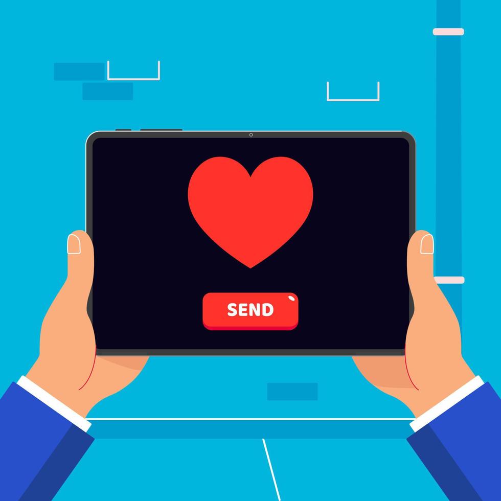 Hand holding black tablet device isolated on wall background. Pad tablet on human hands with heart icon and SEND button sign and index finger pointer touch the screen flat design vector illustration.