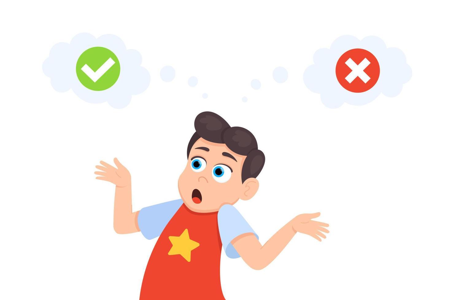 poca duda niño niño entre marcas de verificación correctas e incorrectas ilustración de vector de diseño de estilo plano