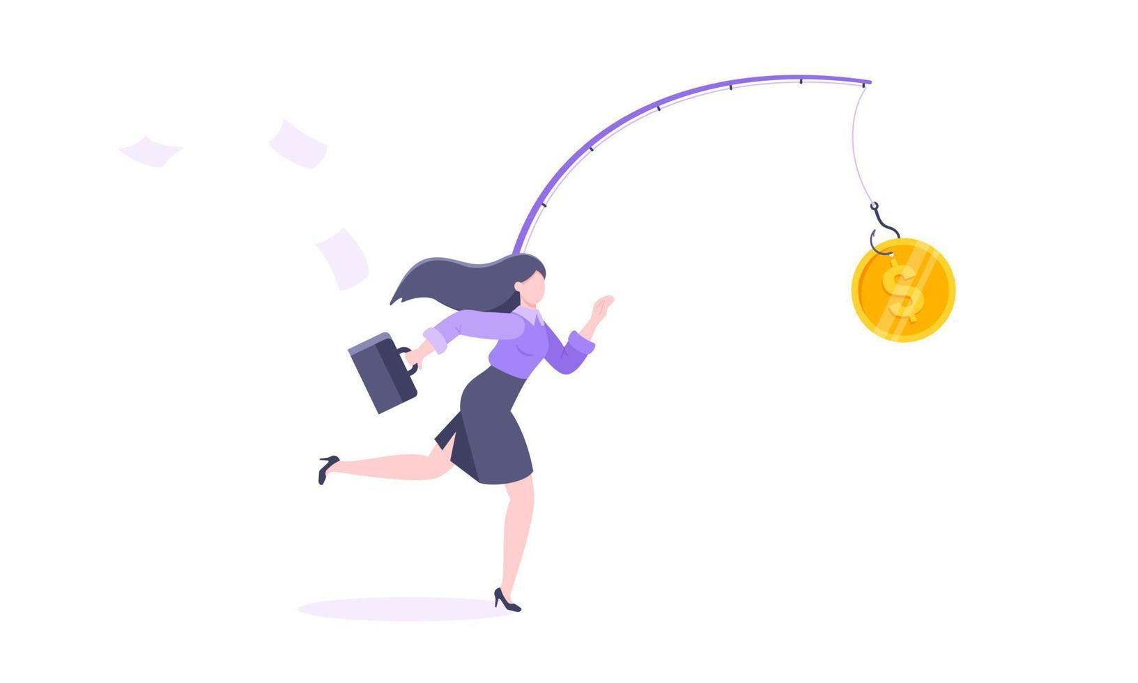 Rat race and money bait business concept with businesswoman running after dangling dollar. vector