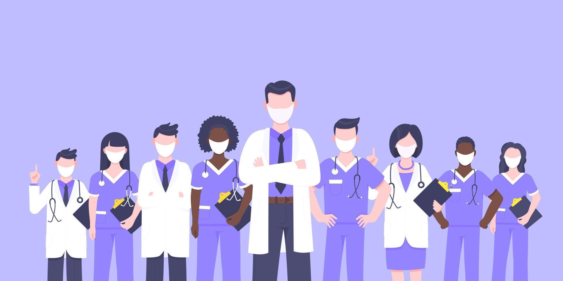 Medical staff doctor team with face masks clinic employee vector illustration.