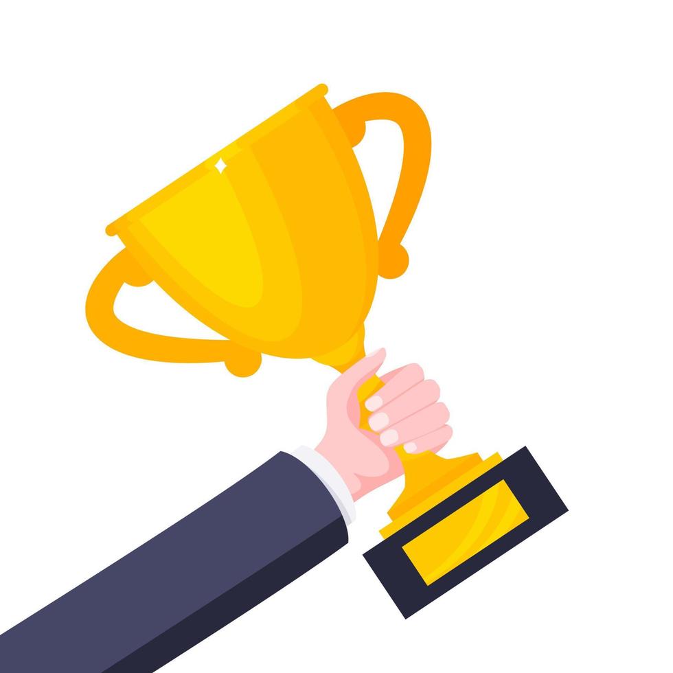 Hand holds winner golden award trophy goblet cup icon sign flat style design vector illustration.