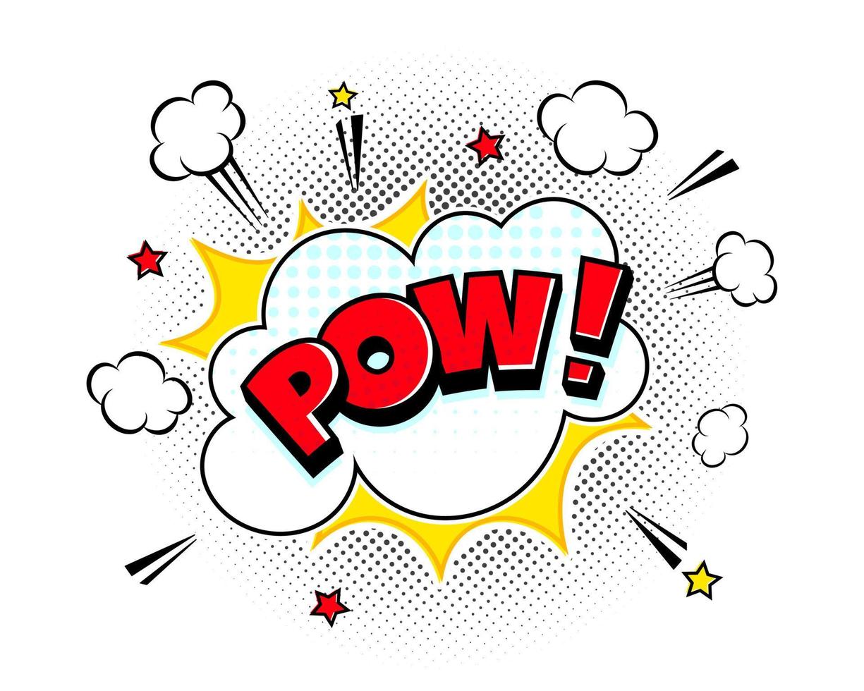 Comic speech bubble pow with halftone shadow text expression retro comic style flat design. vector
