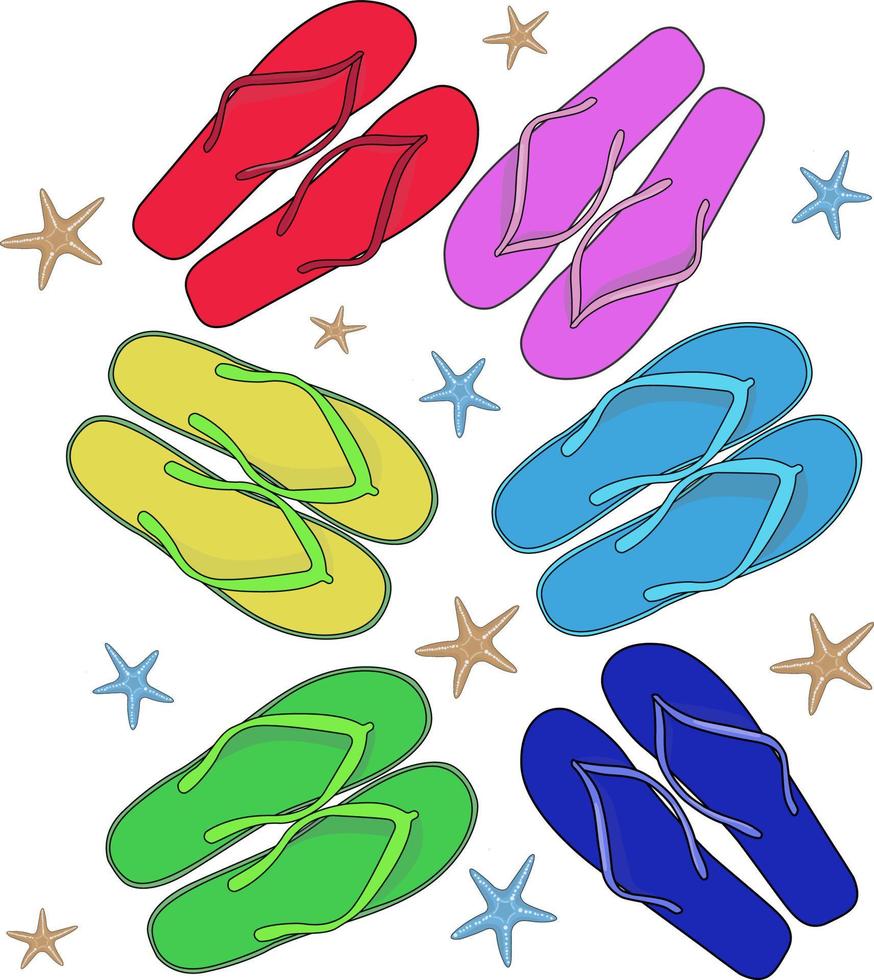 Summer flip-flops and starfish isolated on a white background. Vector illustration of a summer beach collection. An idea for fashion illustrations, magazines, printing on clothes, advertising.