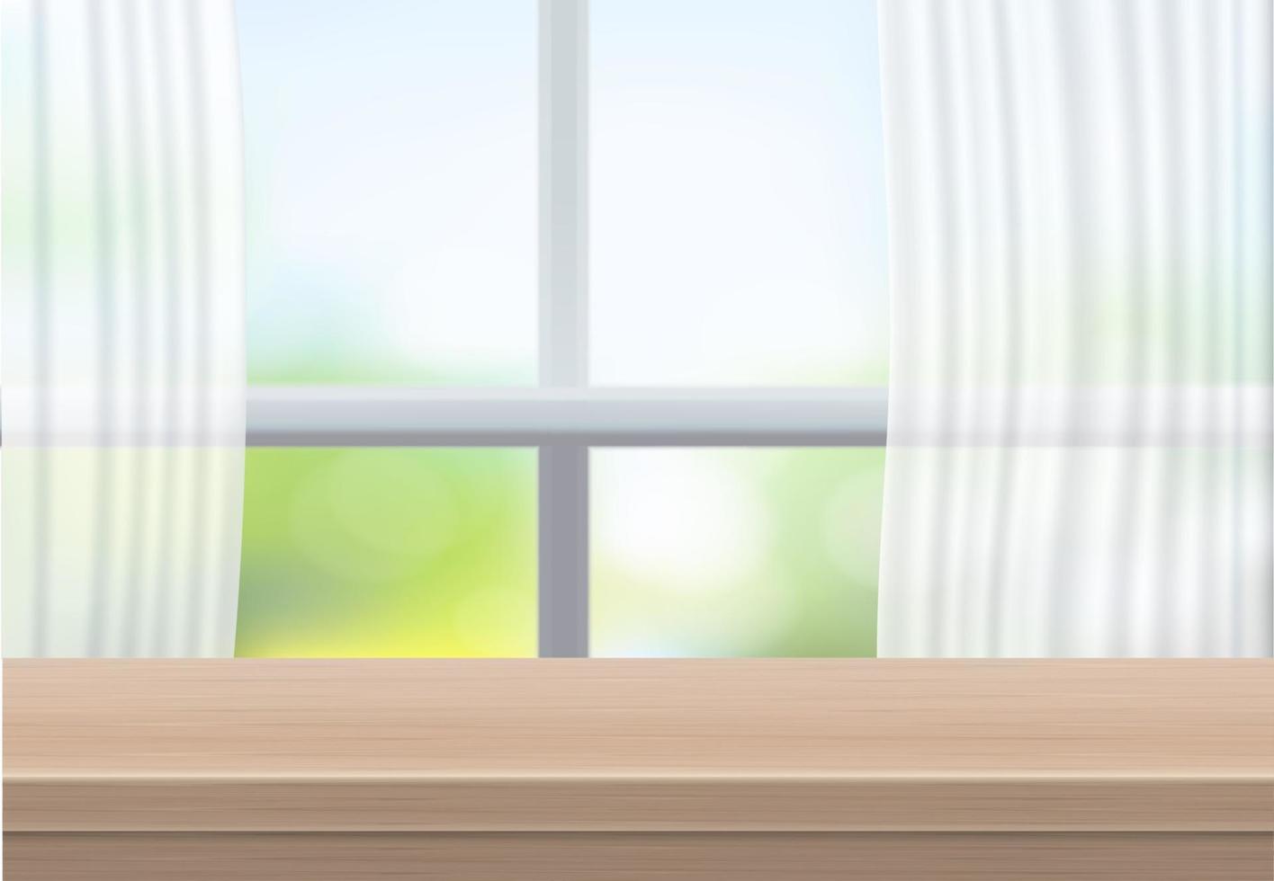 Empty wooden table are front of window glass and curtain. For your copy branding. Used for display or montage products. Modern style wood table white concept. Realistic 3d vector illustration.