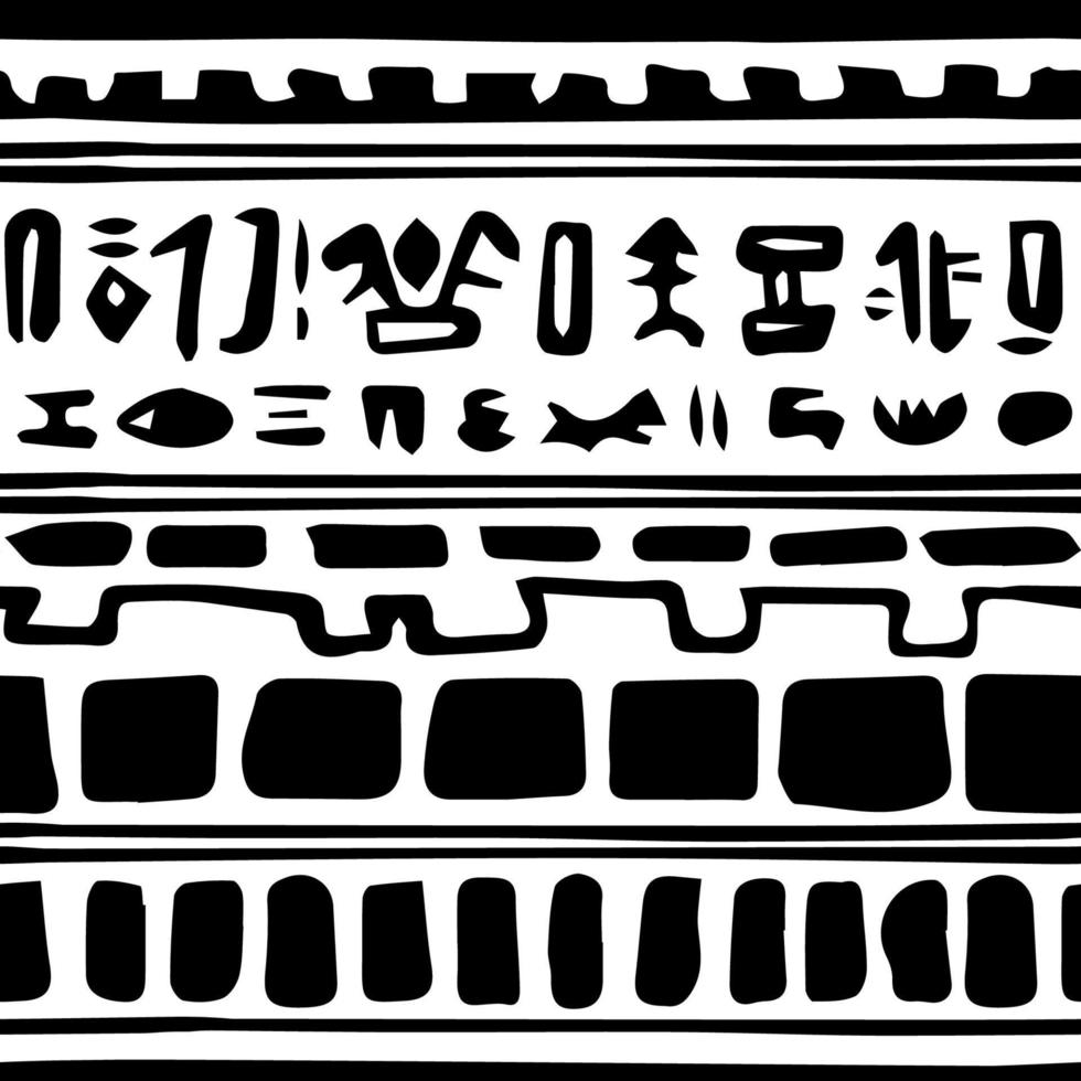 Egyptian black white border, abstract tribal vector repeat seamless pattern, ink aged effect. Illustration contains rectangles, hand drawn splatter elements, shapes, geometry