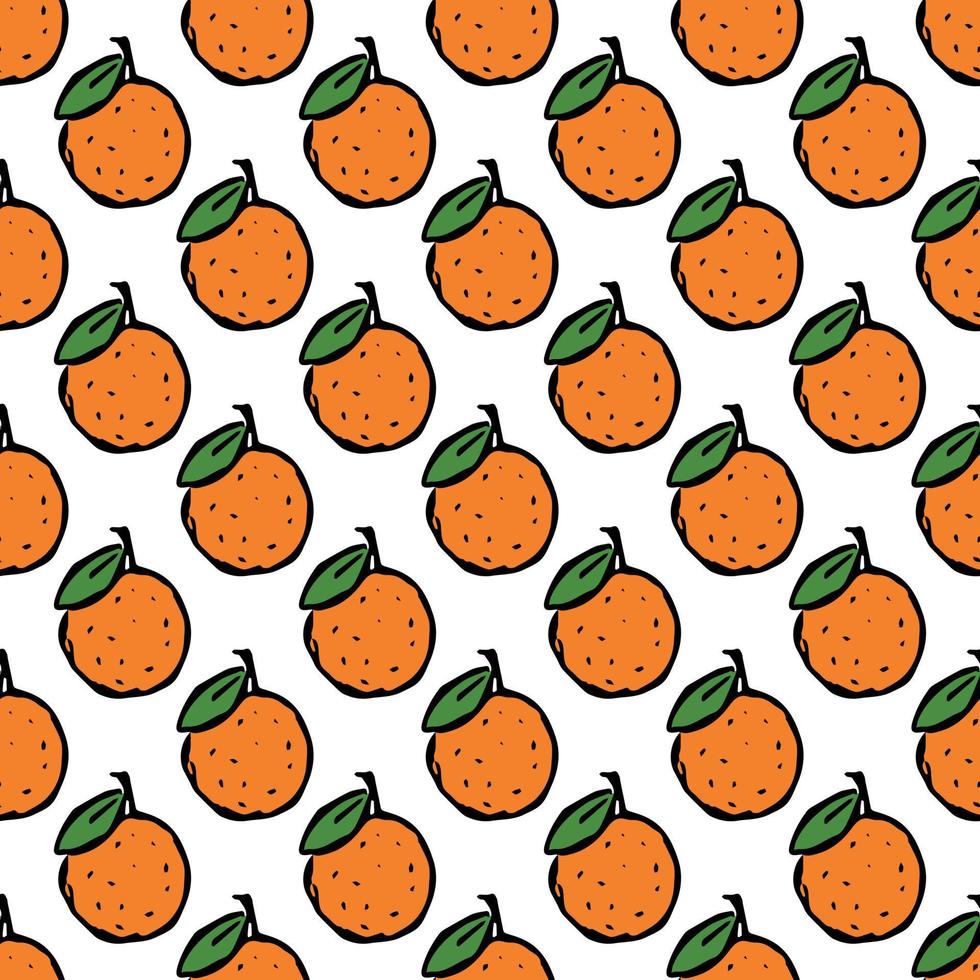 Seamless pattern with orange icons. Colored orange background. Doodle vector illustration with fruits
