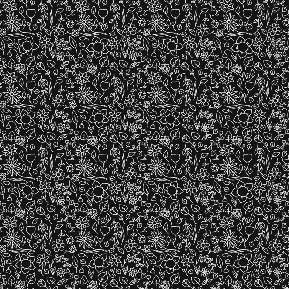 Seamless floral vector pattern. Doodle vector with floral pattern on black background. Vintage floral pattern
