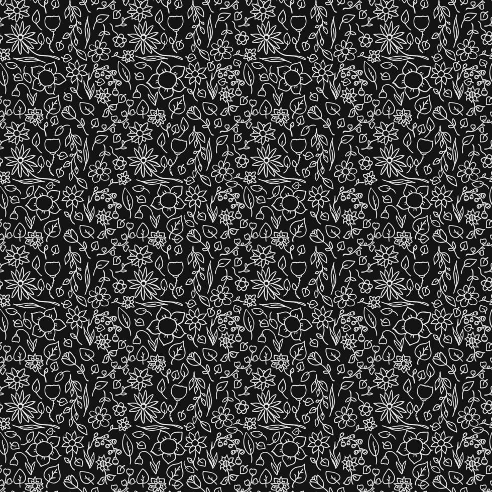 Seamless floral vector pattern. Doodle vector with floral pattern on black background. Vintage floral pattern