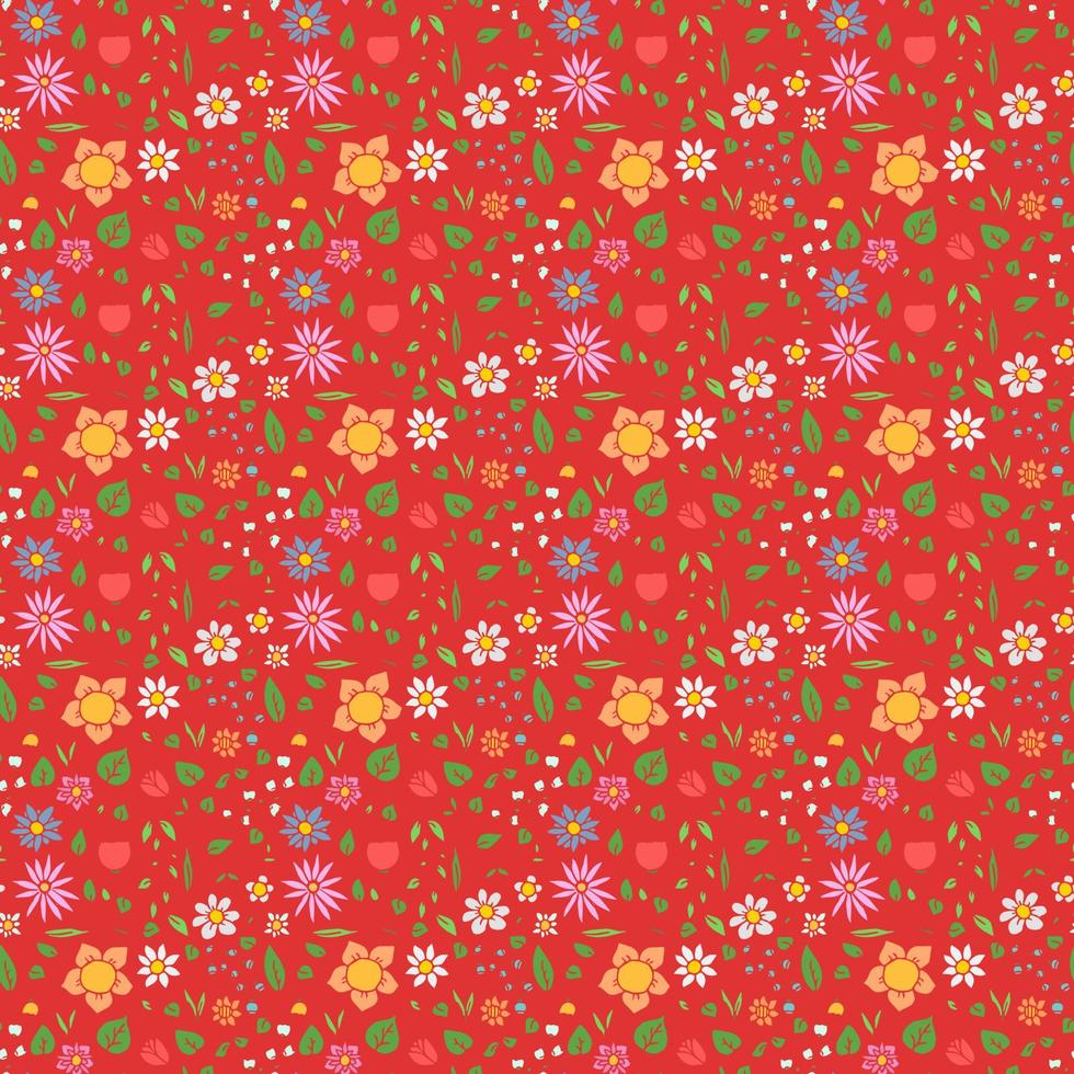 Colorfull seamless floral vector pattern. Doodle vector with floral pattern on red background. Vintage floral pattern