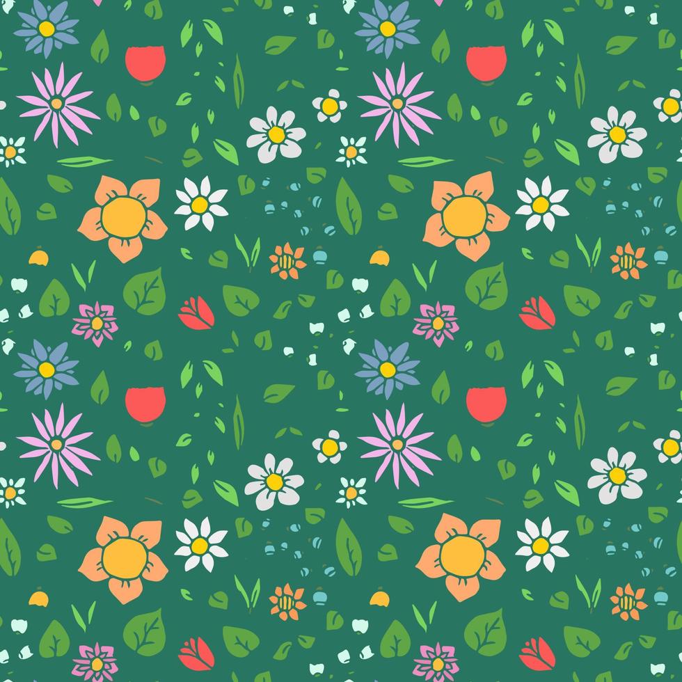 Colorfull seamless floral vector pattern. Doodle vector with floral pattern on green background. Vintage floral pattern