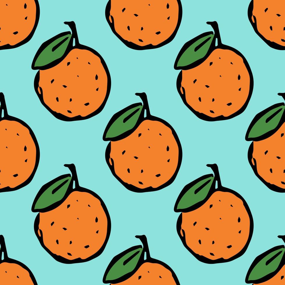 Seamless pattern with orange icons. Colored orange background. Doodle vector illustration with fruits