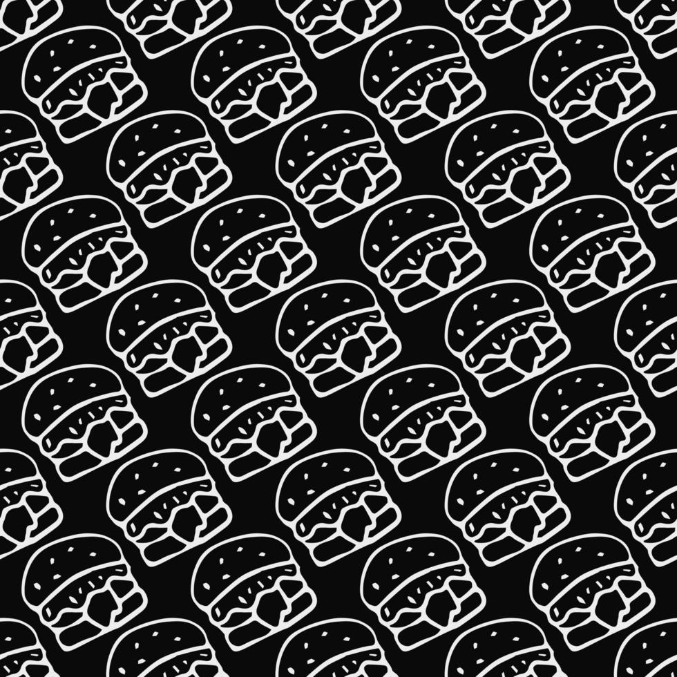 Seamless pattern with burger icons. Black and white hamburger background. Doodle vector burger illustration