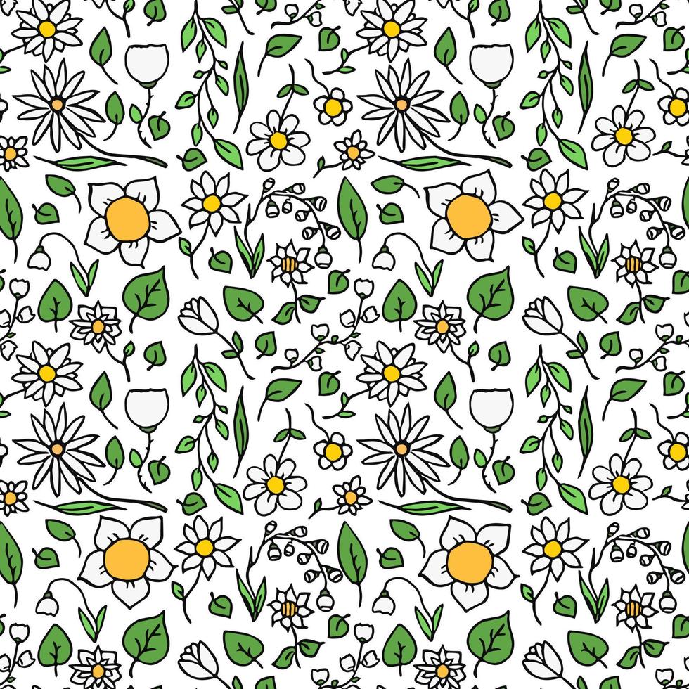 Colored seamless floral vector pattern. Doodle floral pattern on white background. Vintage floral illustration with white flowers