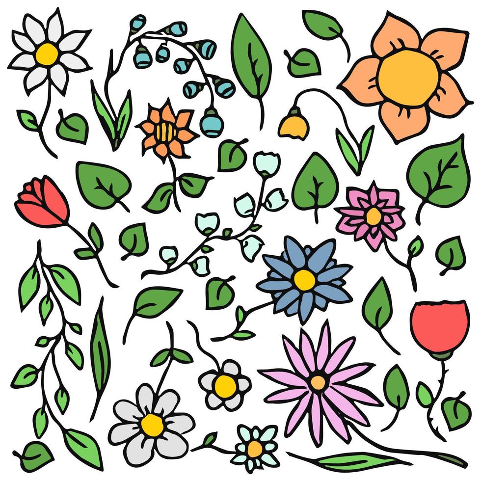 Colored flowers icons on white background. Doodle vector illustration with flowers on white background. Vintage floral pattern