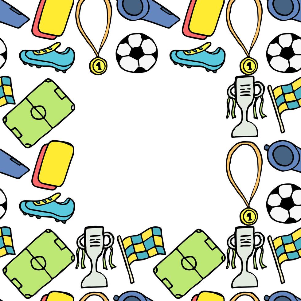 Seamless football pattern with place for text. Doodle football illustration with a soccer ball, championship cup, shoes, football field. Football world cup background vector