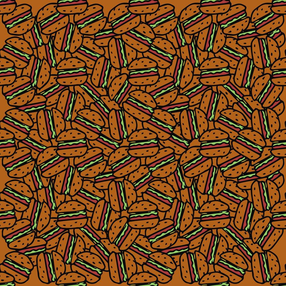 Seamless pattern with burger icons. Colored hamburger background. Doodle vector burger illustration