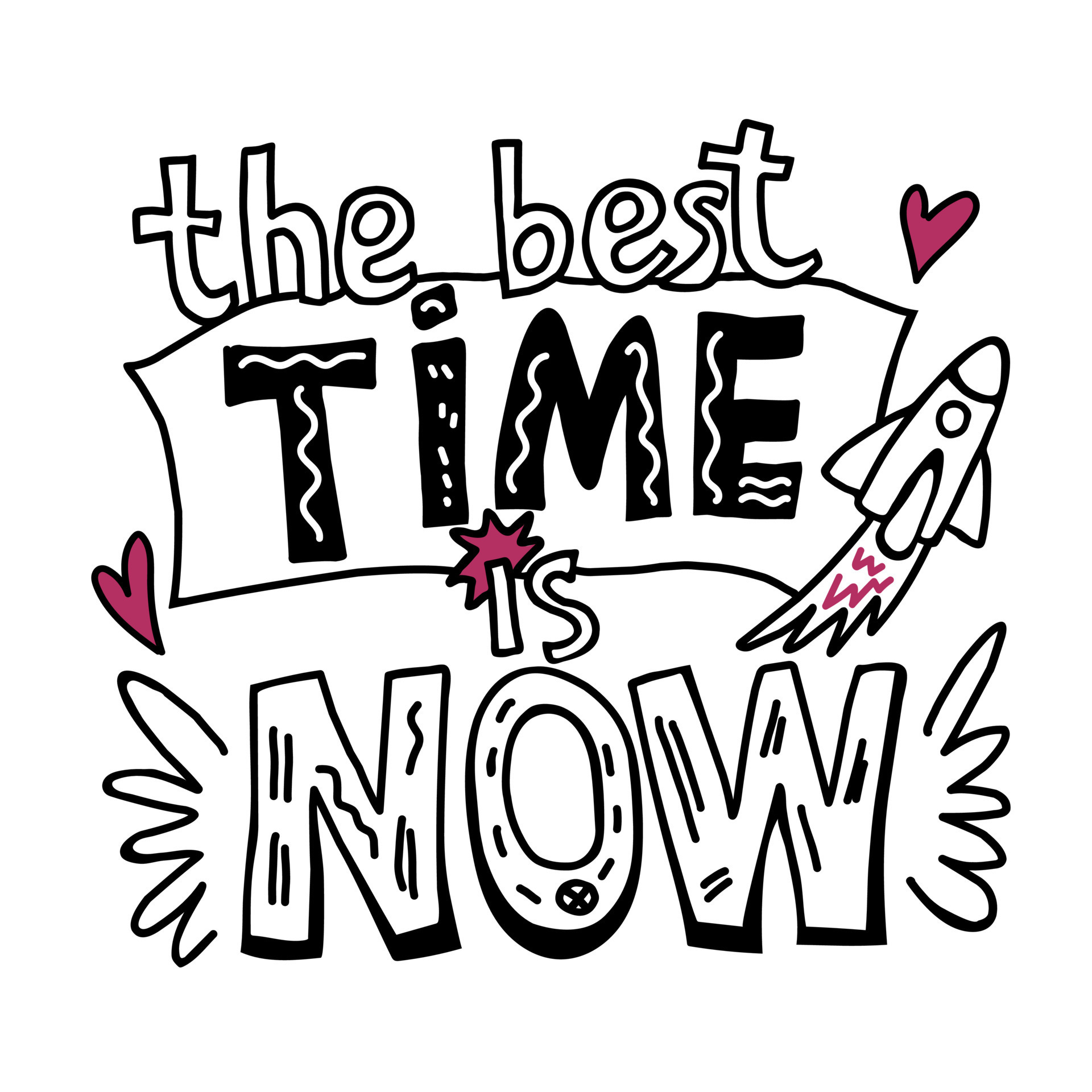 The best time is now - motivational hand drawn lettering, graphic black