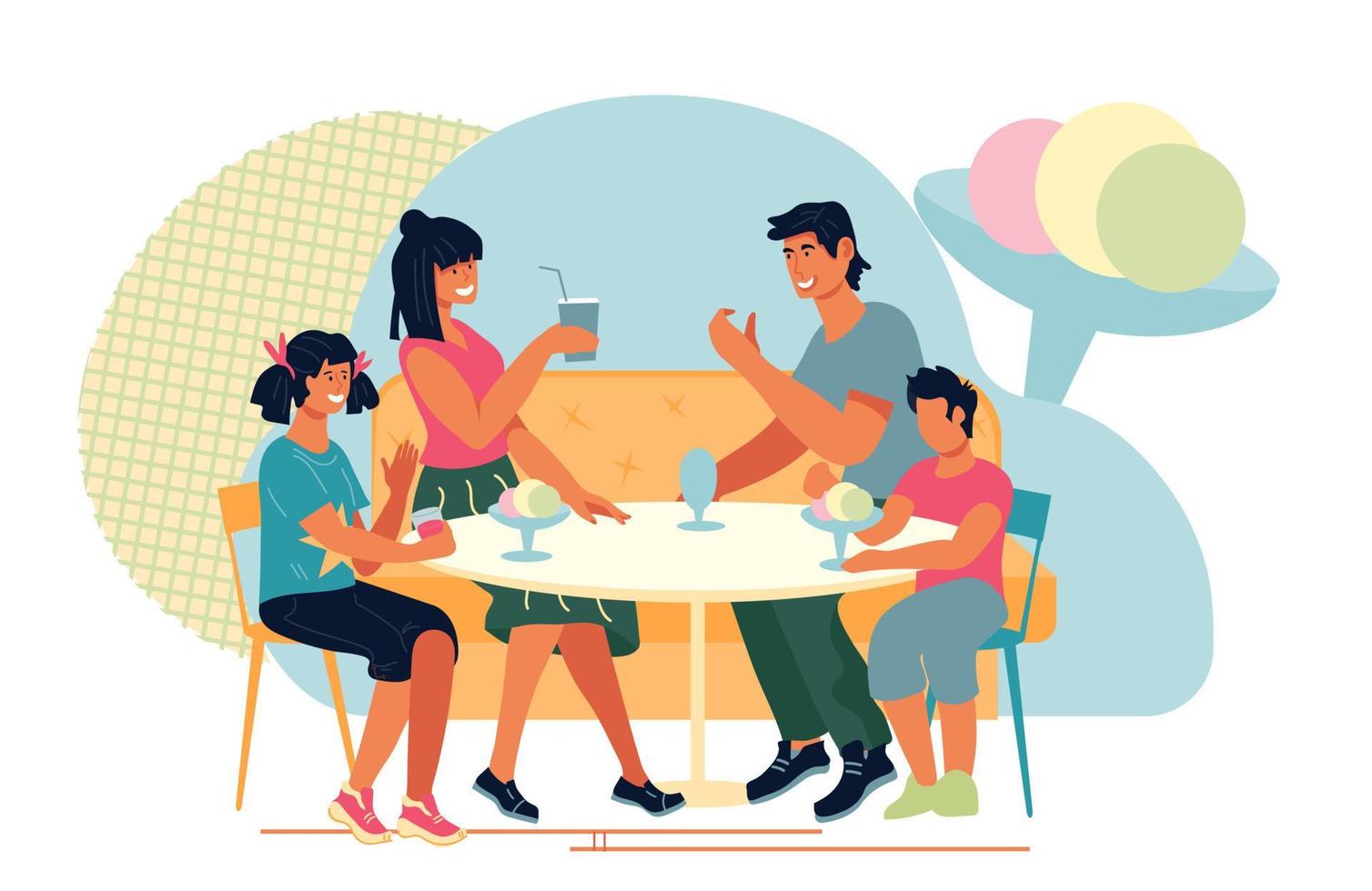 Family with children eating in ice cream parlor or cafeteria. Summer restaurant visitors enjoying chilling drinks and food. Leisure and recreation concert. Flat vector illustration isolated.