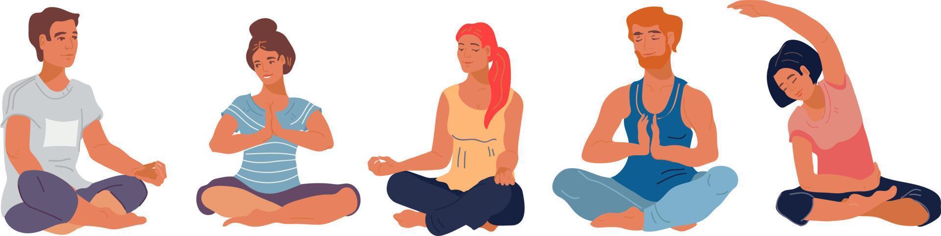 People in sportswear sitting in the relaxing meditative pose at yoga class. Flat vector illustration isolated on the white background. Men and women wellness and yoga banner.