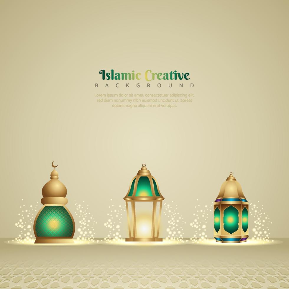 Islamic design greeting card background template with ornamental colorful of mosaic and islamic lantern. vector