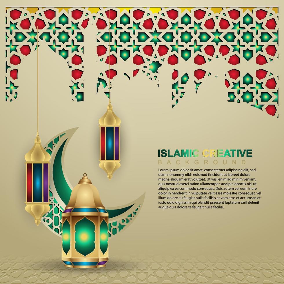 plantilla de fondo de tarjeta de felicitación de diseño islámico con colorido ornamental de mosaico, luna creciente y linterna islámica vector