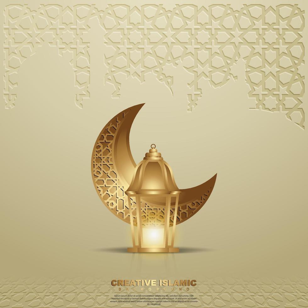 Islamic design greeting card background template with ornamental colorful of mosaic, crescent moon and islamic lantern vector