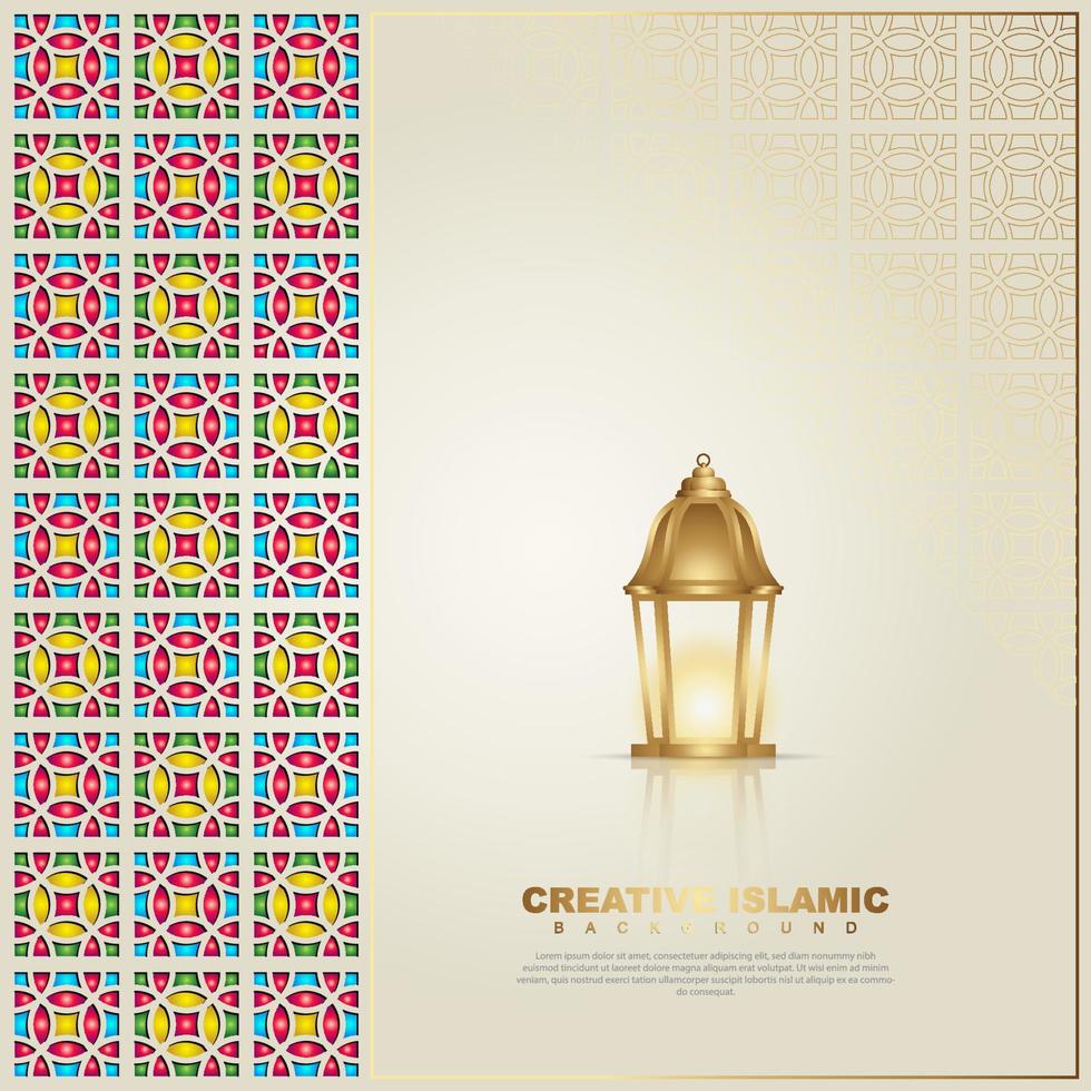 Islamic design greeting card background template with ornamental colorful of mosaic and islamic lantern. Islamic Vector