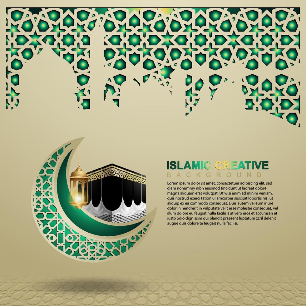Islamic design greeting card background template with ornamental colorful of mosaic, crescent moon and islamic lantern vector