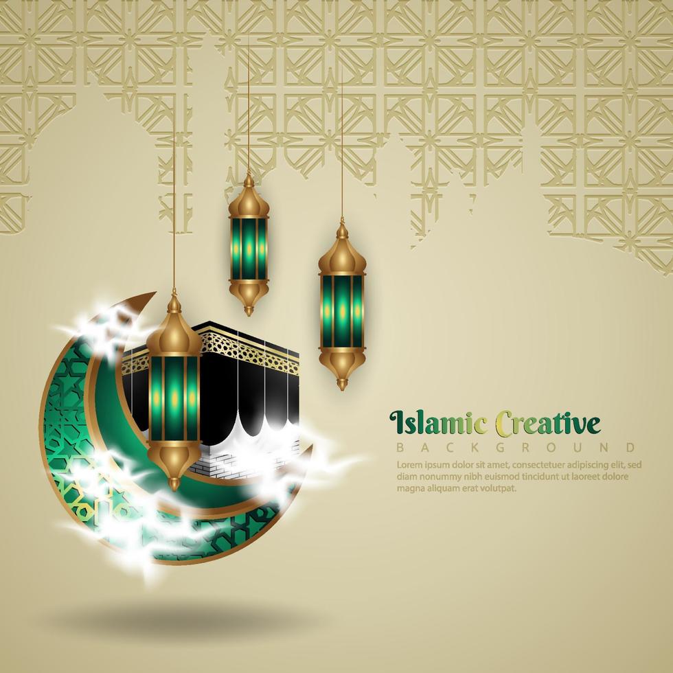 plantilla de fondo de tarjeta de felicitación de diseño islámico con colorido ornamental de mosaico, kaaba y linterna islámica. vector