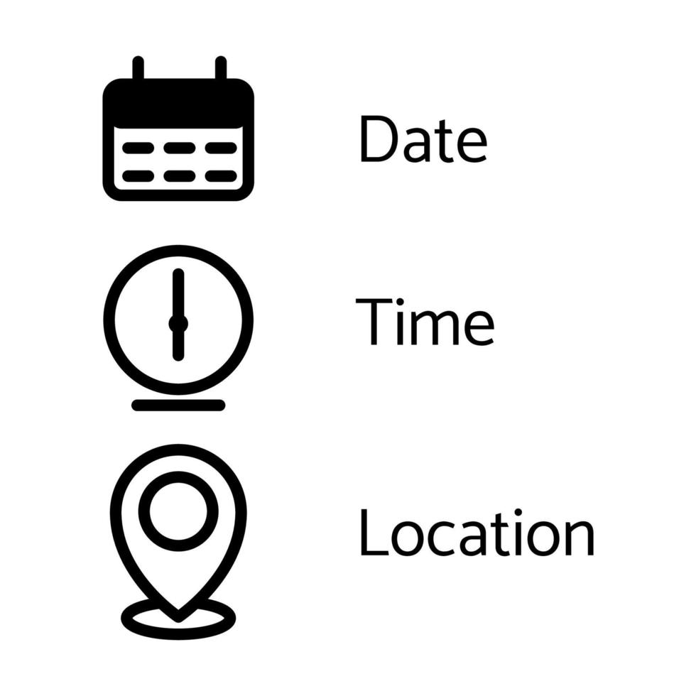 set date, time and location Icons for graphic design.Isolated on a White Background vector