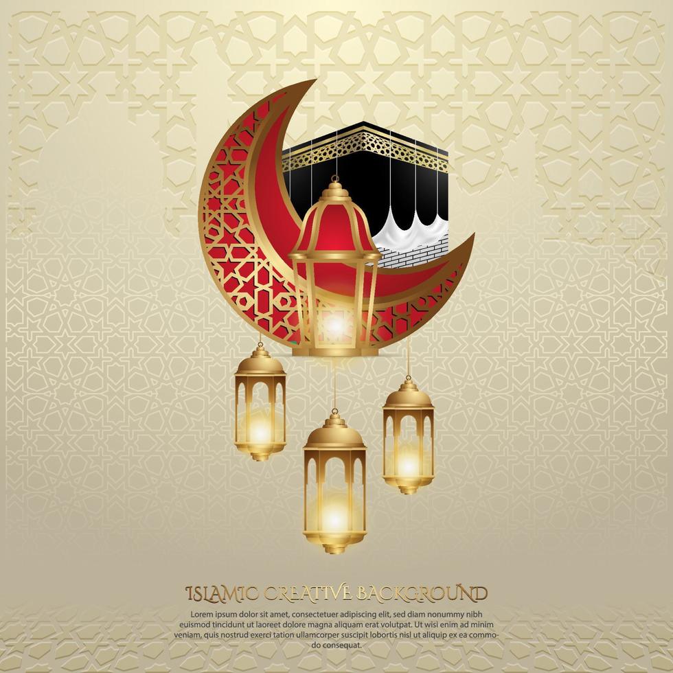 Islamic design greeting card background template with ornamental colorful of mosaic, kaaba and islamic lantern vector
